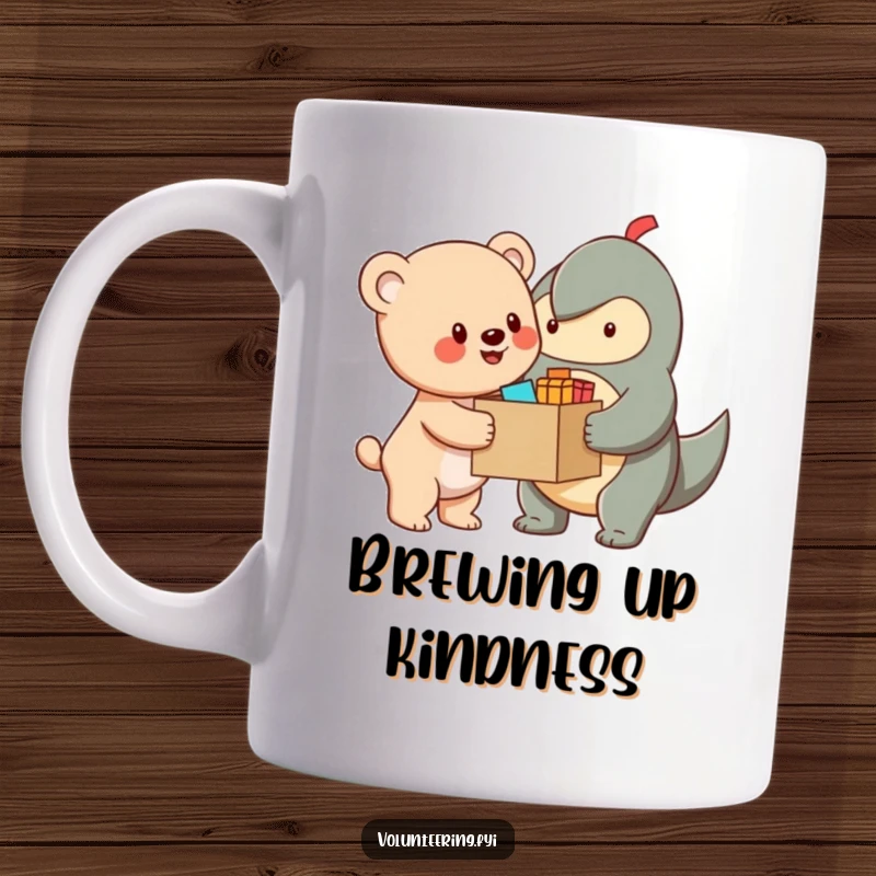 Funny Mug featuring a cheerful bear cub character generously handing a cardboard box filled with supplies to another happy creature.
