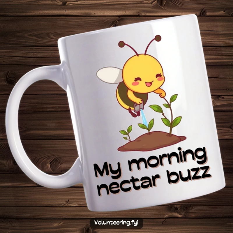 Funny mug showcasing a happy bee diligently watering a small, droopy plant with a determined expression.