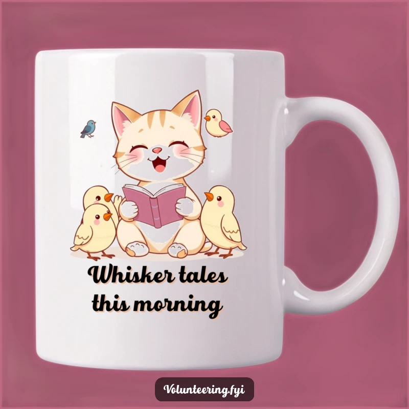 Funny Cat Reading Mug: Cheerful Feline Storyteller to Birds, Perfect Gift!
