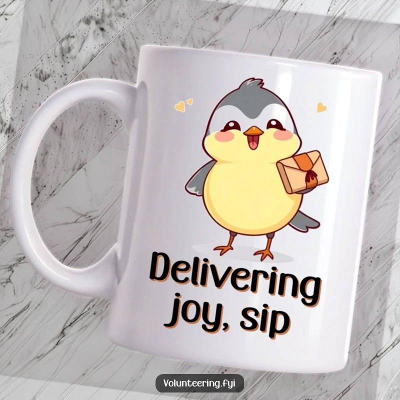 Funny mug showing a joyful chickadee holding a small parcel with its beak, mid-flight, symbolizing cheerful delivery and happiness.