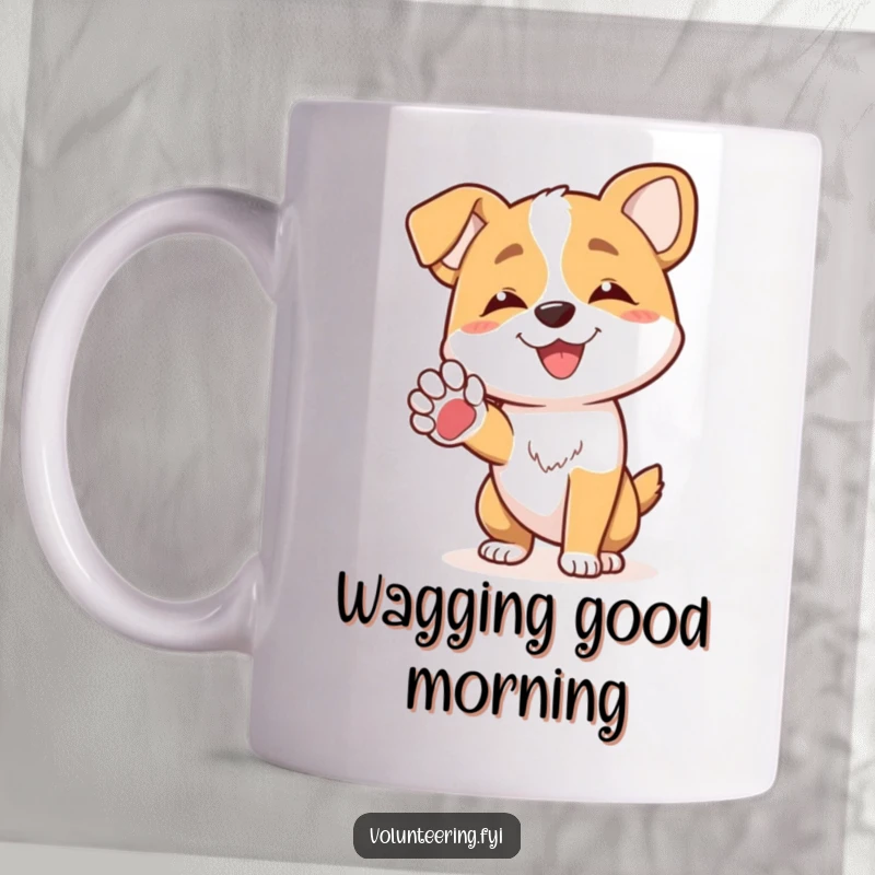 Funny joyful dog character offering a friendly paw to another dog, heartwarming funny gift mug.