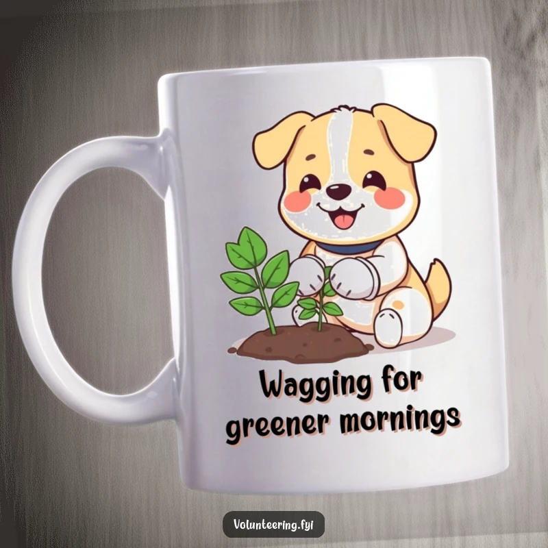 Funny dog mug featuring a happy dog wearing gardening gloves, planting a small tree with enthusiasm and joy.