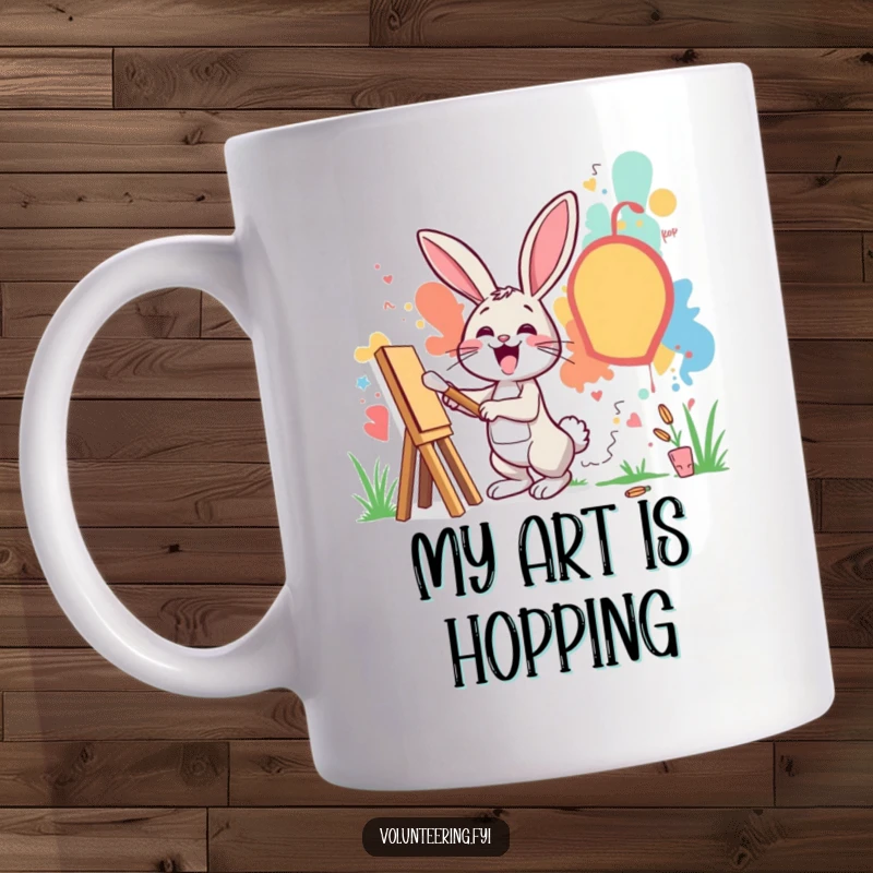 Funny mug featuring an excited rabbit joyfully painting a vibrant mural on a community wall, celebrating art.