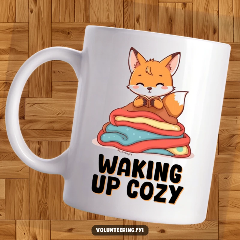 Funny Mug featuring a playful fox character neatly organizing a large pile of colorful blankets, symbolizing comfort and tidiness.