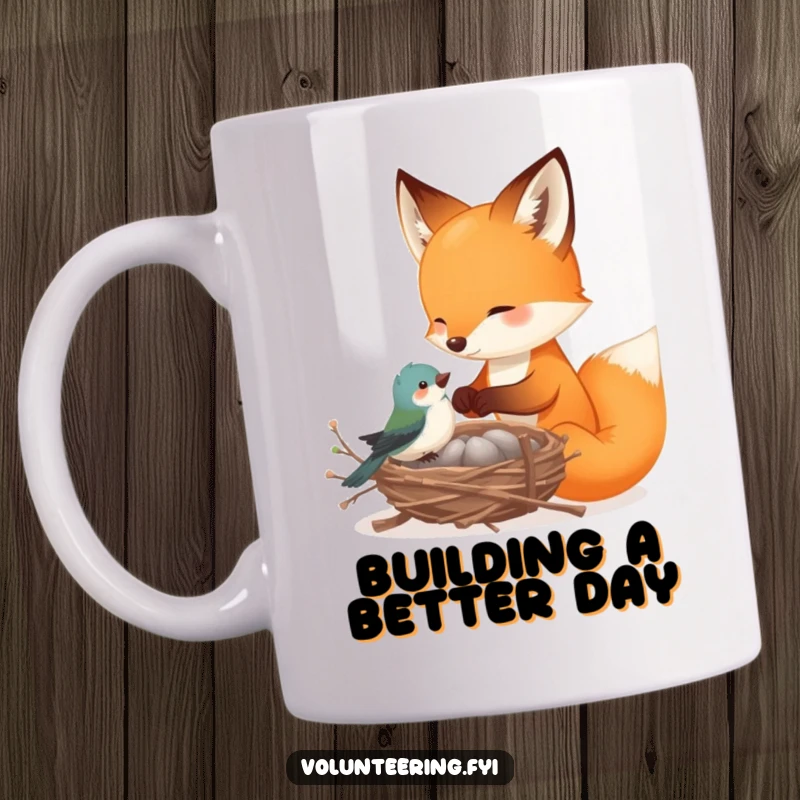 Funny fox mug, a playful fox carefully helping a tiny bird build a nest with delicate twigs, symbolizing friendship and cooperation.
