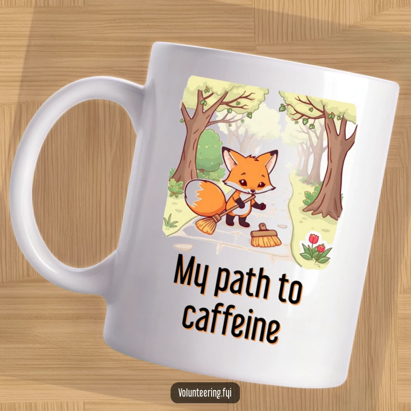 Funny fox mug showing a dedicated animal tidying a park path with a broom, perfect for nature lovers and neat freaks gifting.