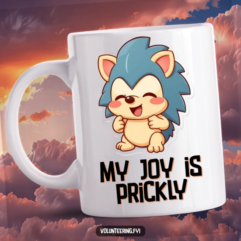 Funny enthusiastic hedgehog character sharing a toy, friendly and funny gift mug.