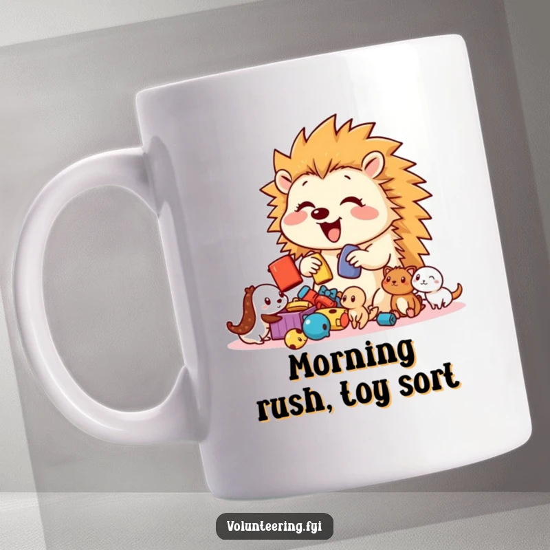 Funny Hedgehog Toy Sorter Mug showing a bouncy, happy hedgehog enthusiastically sorting colorful toys for a group of adorable smaller creatures.