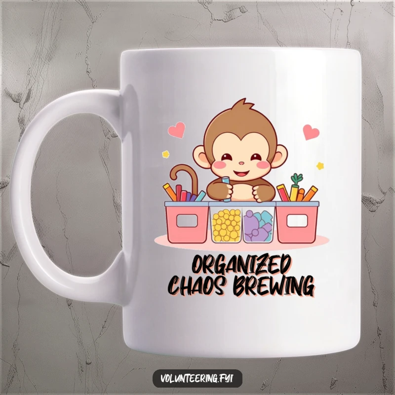 Funny kawaii monkey mug, diligently sorting colorful items into designated bins, showcasing organization and playful tidiness, a delightful character.