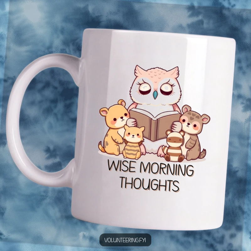 Funny mug featuring a kawaii owl serenely reading a book to attentive, cute animal friends, promoting a love for stories.