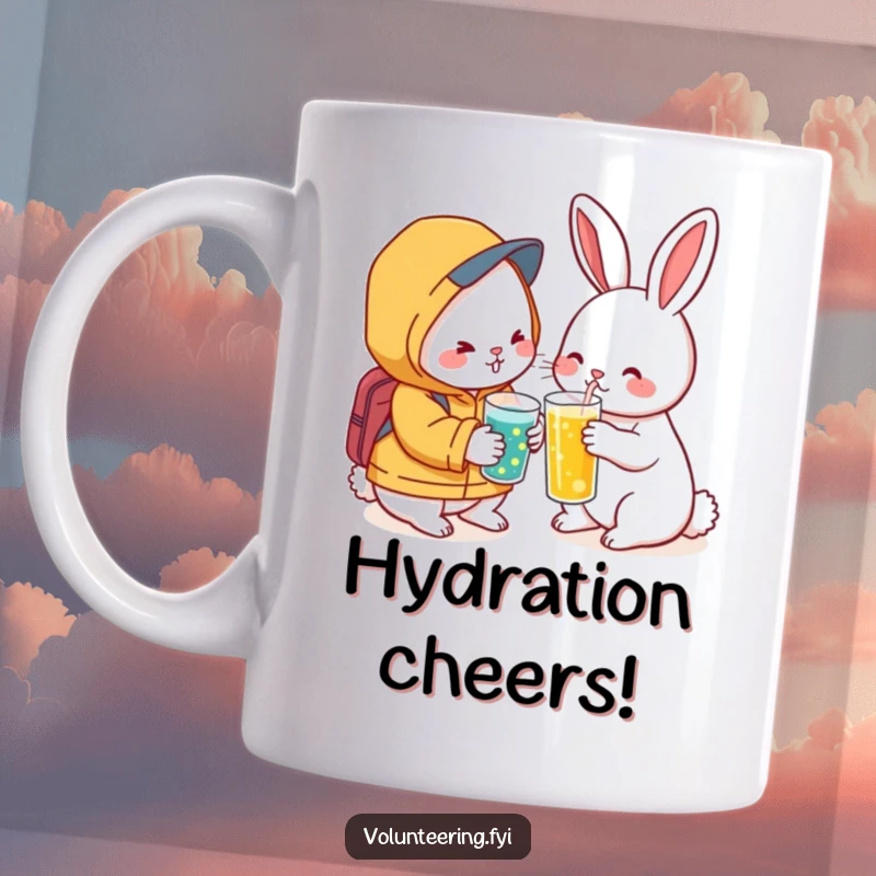 Funny Kawaii Rabbit Drink Mug: Kind rabbit offering a refreshing drink to a tired friend, symbolizing comfort and friendship.