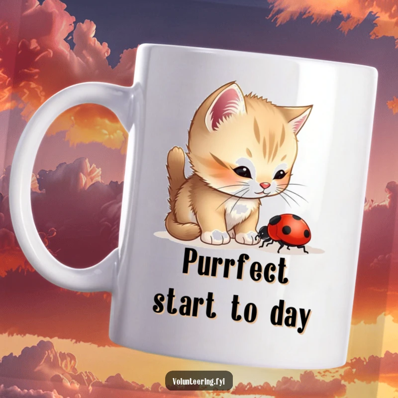 Funny Kitten Ladybug Mug featuring a curious kitten gently helping a lost ladybug, showcasing kindness and inter-species friendship.