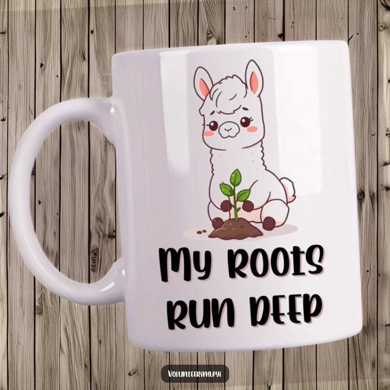 Funny llama mug, smiling gently while planting a tiny sapling, symbolizing eco-friendly joy and a love for nature.