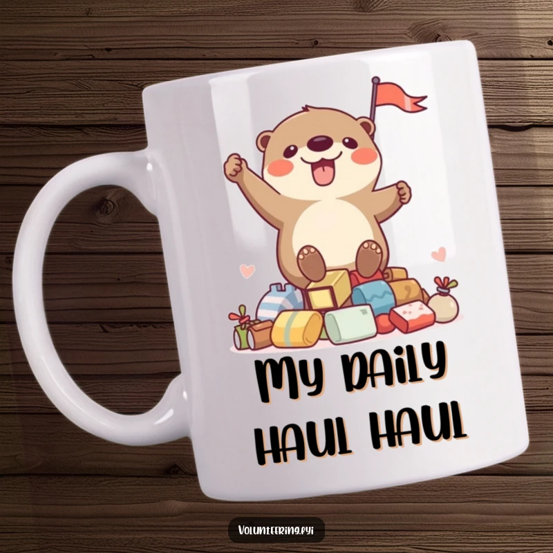 Funny mug featuring a cheerful otter enthusiastically waving a tiny flag from a treasure pile, perfect for a whimsical gift.