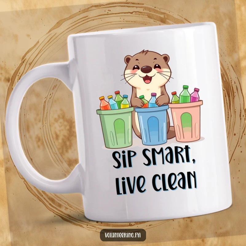 Funny otter mug, cheerfully sorting colorful plastic bottles into recycling bins, symbolizing environmental responsibility and infectious enthusiasm.