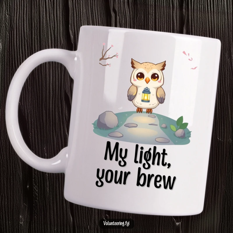 Funny Owl Lantern Mug with a proud, smiling owl character holding a glowing lantern, illuminating a dark path with wisdom and light.