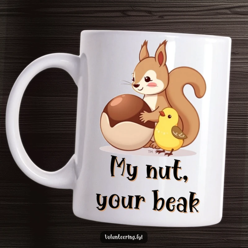 Funny mug showing a squirrel sharing a large nut with a cute, happy bird, celebrating friendship.