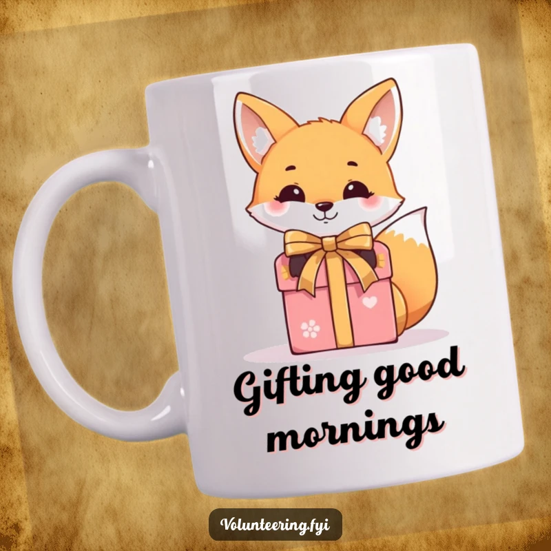 Funny mug featuring a smiling fox meticulously tying a ribbon around a gift box, embodying fun and thoughtfulness.