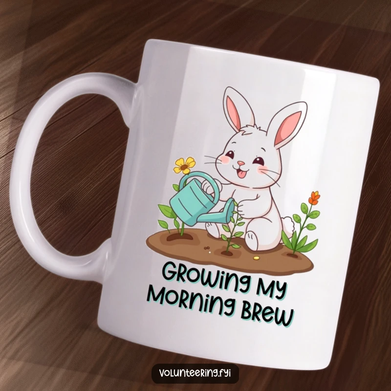 Funny mug with a smiling bunny planting a seedling with a watering can, depicting a joyful and humorous gardening scene. Perfect funny gift.