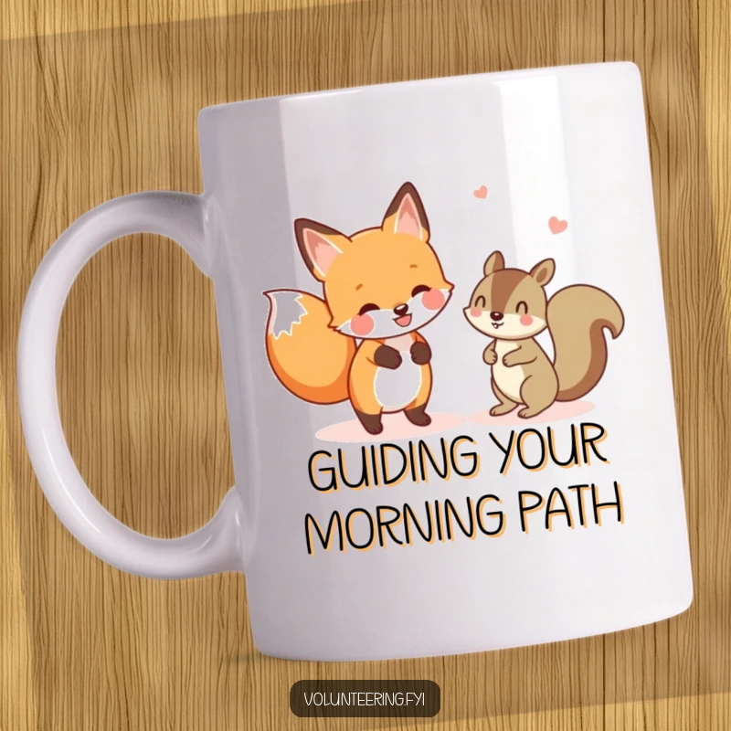 Funny mug depicting a cheerful fox helping a lost squirrel find its way, showcasing a humorous and heartwarming act of kindness. Perfect funny gift.