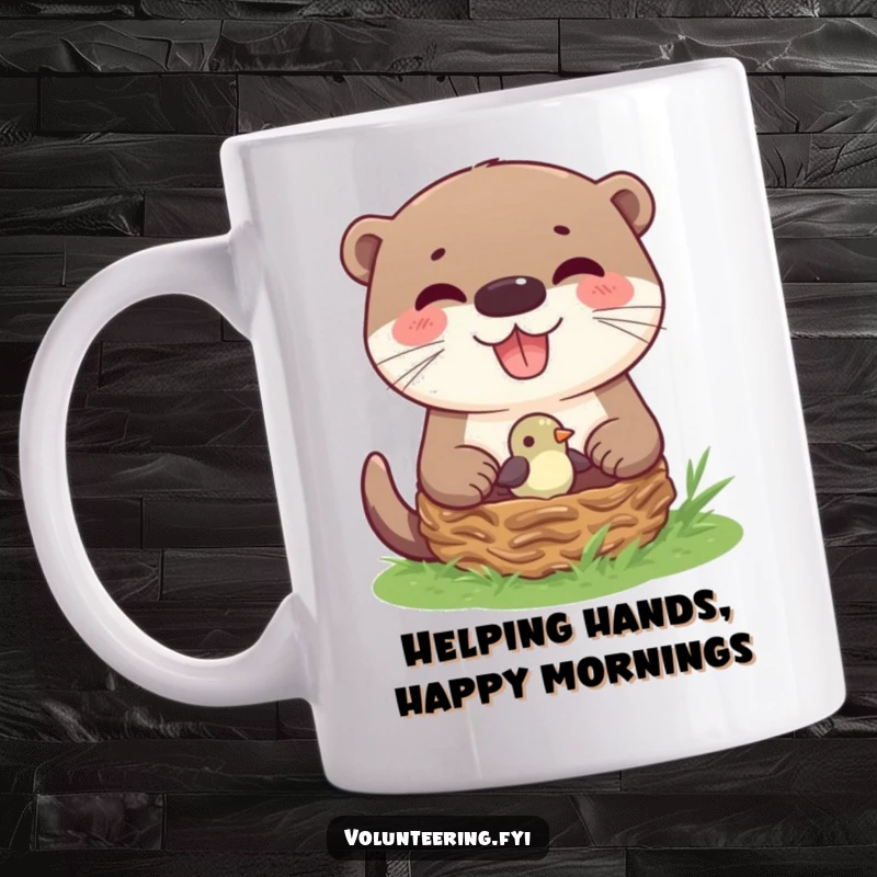 Funny Otter Mom Mug showing a joyful otter carefully placing a tiny bird into its nest, a heartwarming scene of animal kindness.