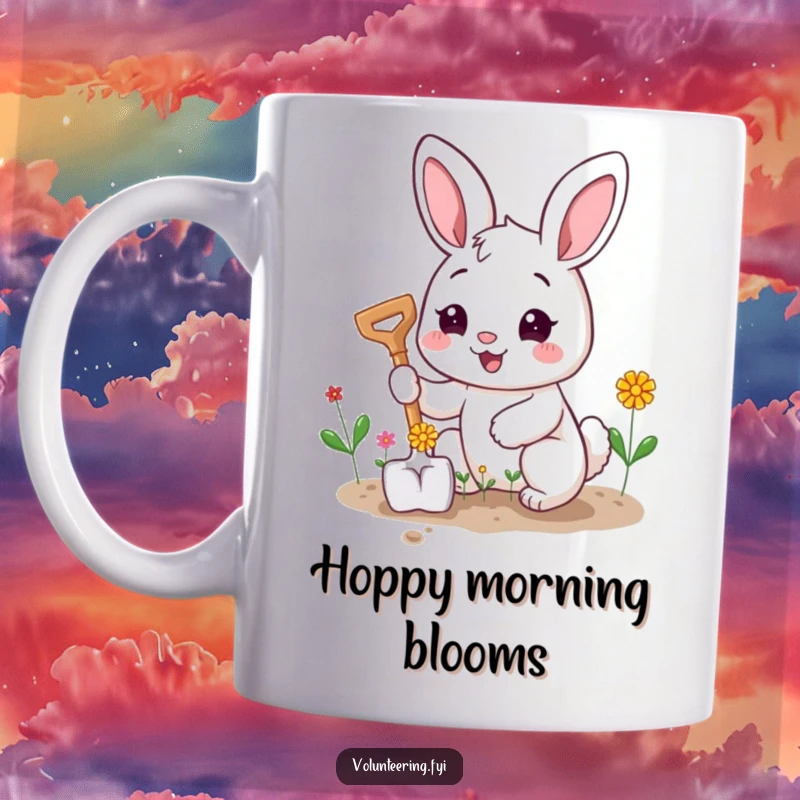 Funny mug with a happy bunny character planting tiny flowers with a smiling shovel, embodying springtime joy.