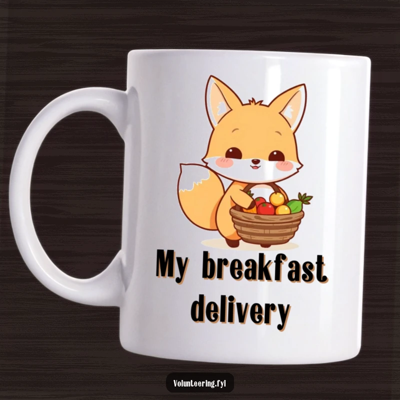 Funny Kawaii fox happily carrying a basket of food to share with others, cute sharing mug.