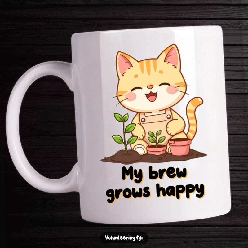 Funny cheerful cat wearing an apron planting a tiny seedling with a bright smile, featured on a delightful mug.