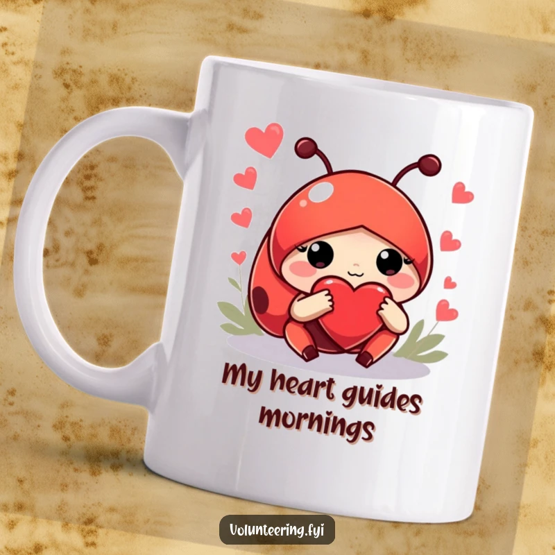 Funny mug featuring a helpful red ladybug character with a large heart gently guiding newcomers with its paw, symbolizing kindness and direction.