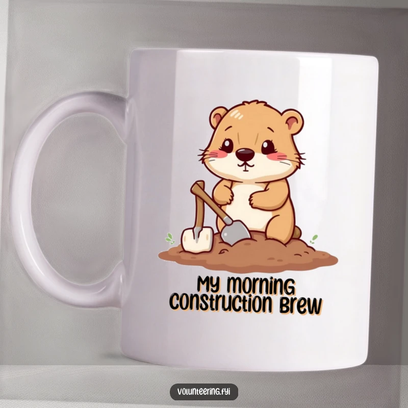 Funny mug showing a determined beaver smoothing soil with a small shovel, ready for construction.