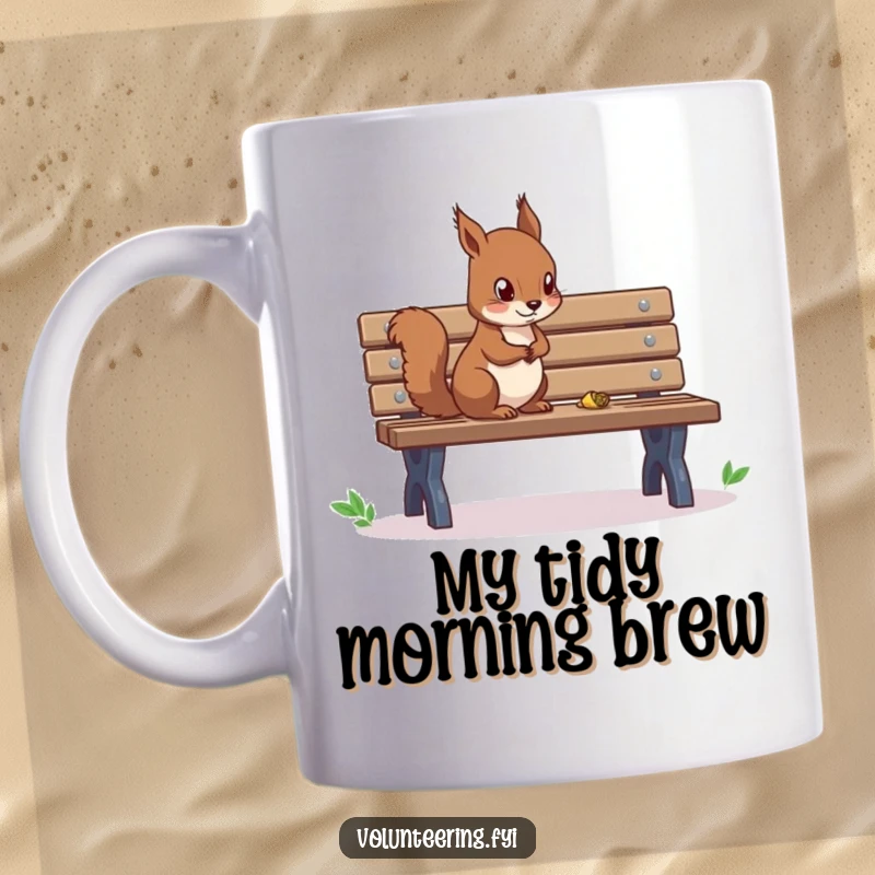 Funny mug showing a focused squirrel meticulously wiping down a park bench with a tiny cloth.
