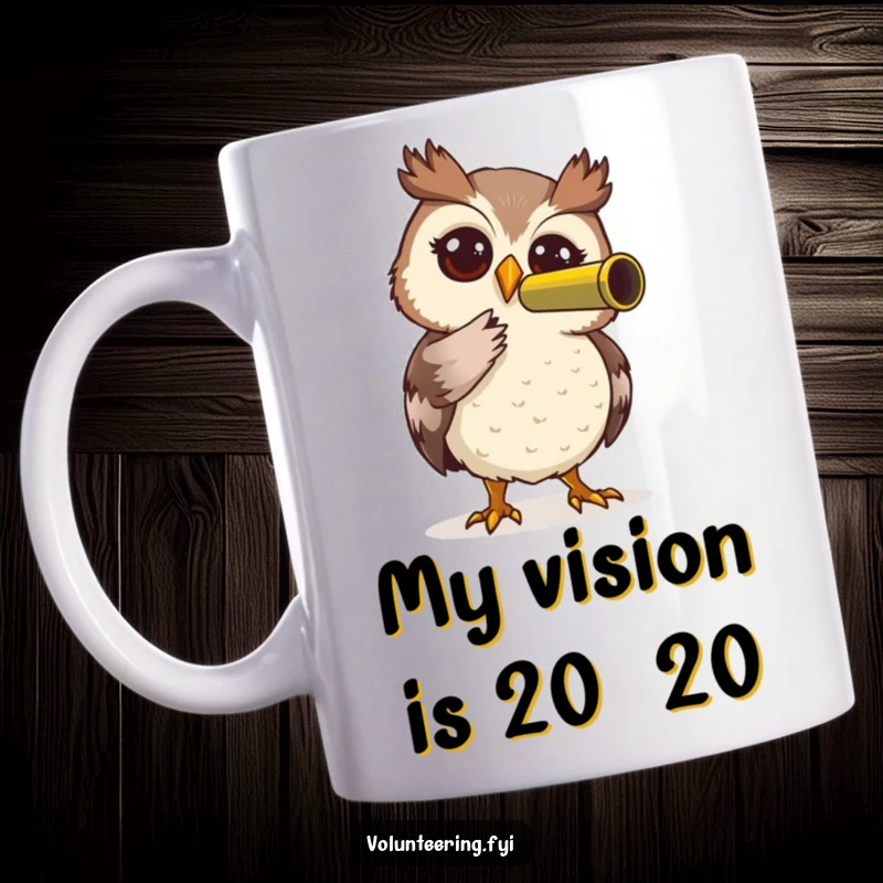 Funny Owl Mug: Adorable owl character peering through a telescope, symbolizing curiosity and helpfulness, making a great funny gift.