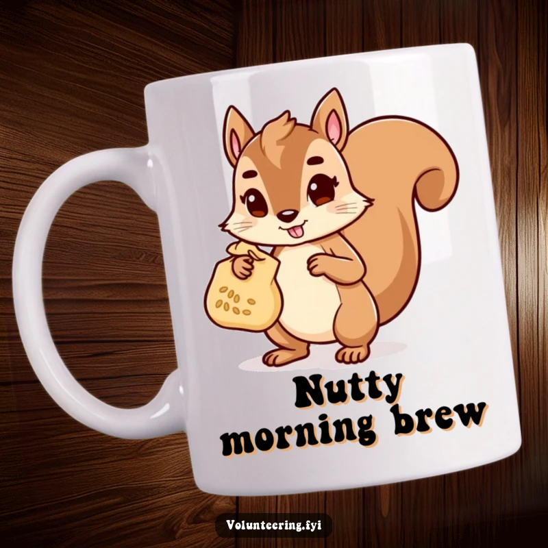 Funny Mug featuring a determined squirrel character diligently carrying a bag filled with seeds, embodying a helpful and prepared spirit.