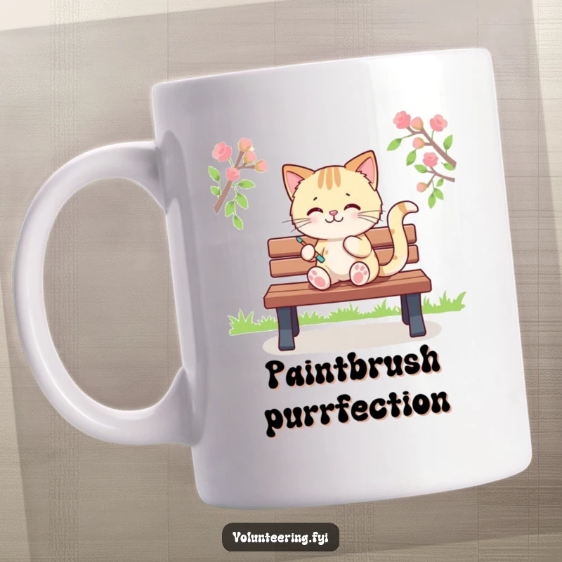 Funny mug showing a playful Kawaii cat character painting colorful stripes on a park bench, artistic and whimsical, a great funny gift.