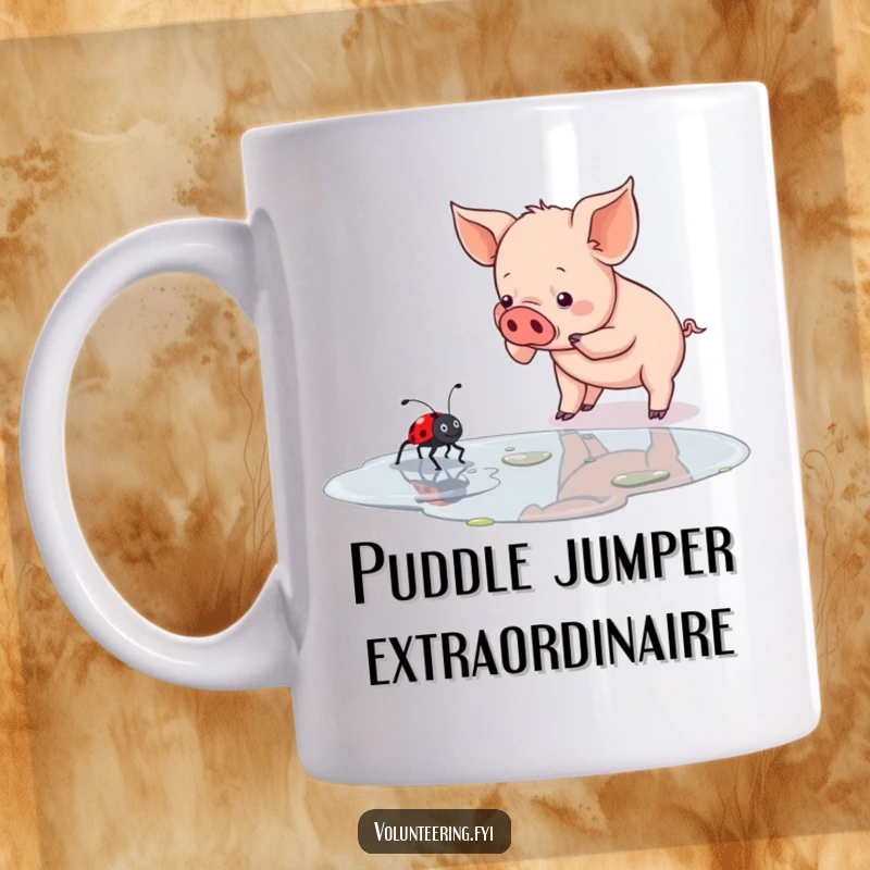 Funny piglet mug showing a determined farm animal extending a helping hoof to a ladybug crossing a muddy puddle, celebrating kindness.