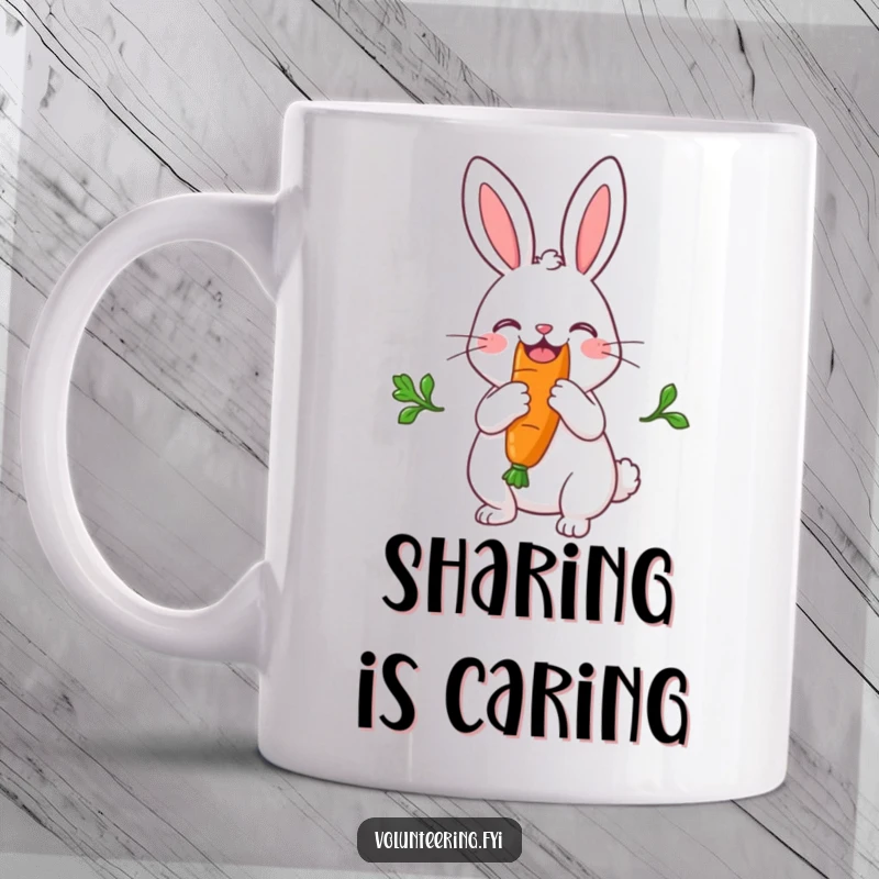 Funny mug with a joyful rabbit happily sharing a huge carrot down the middle, exuding generosity and fun.