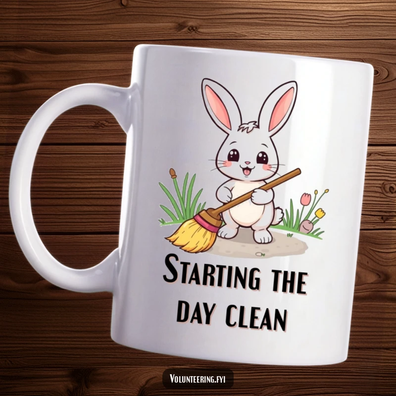 Funny mug featuring a smiling rabbit diligently sweeping a path with a broom, conveying a sense of order and cheer.
