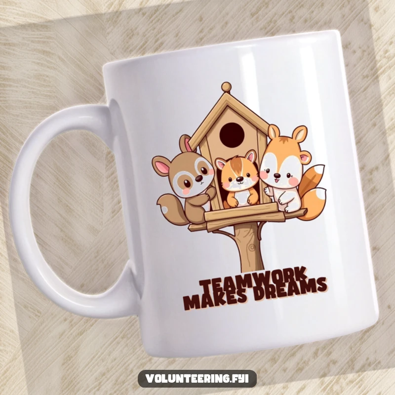 Funny mug with diverse animal friends working together building a birdhouse, showcasing teamwork and friendship with happy expressions.