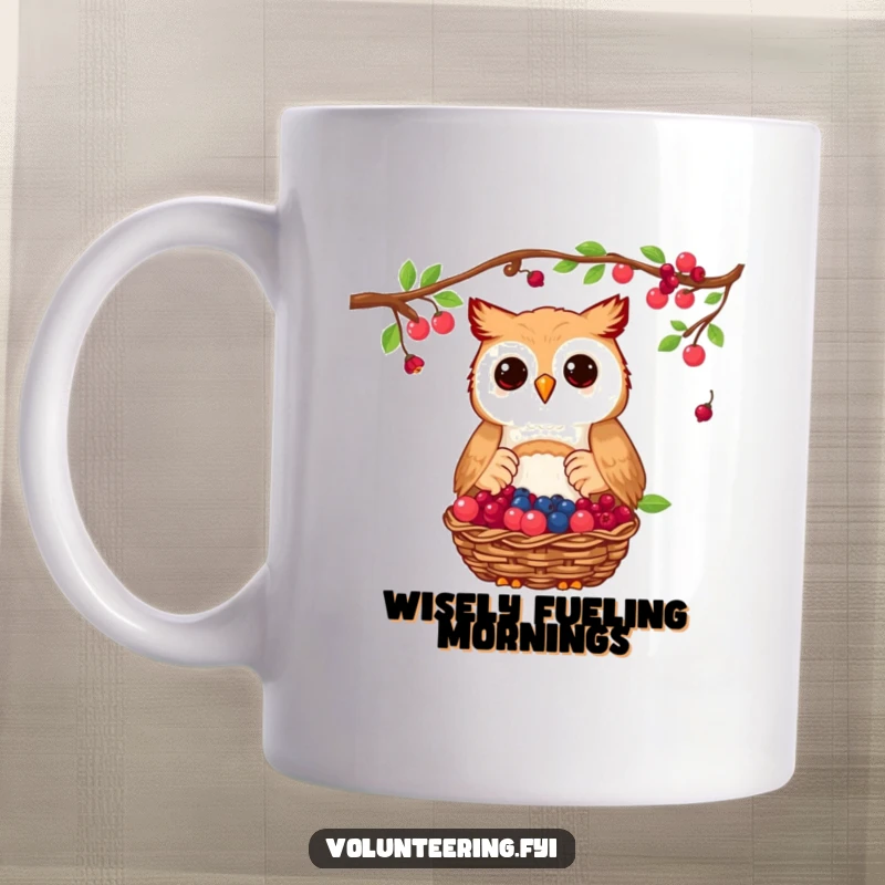 Funny owl mug showing a proud owl donating a basket of collected berries, a cute illustration of generosity.