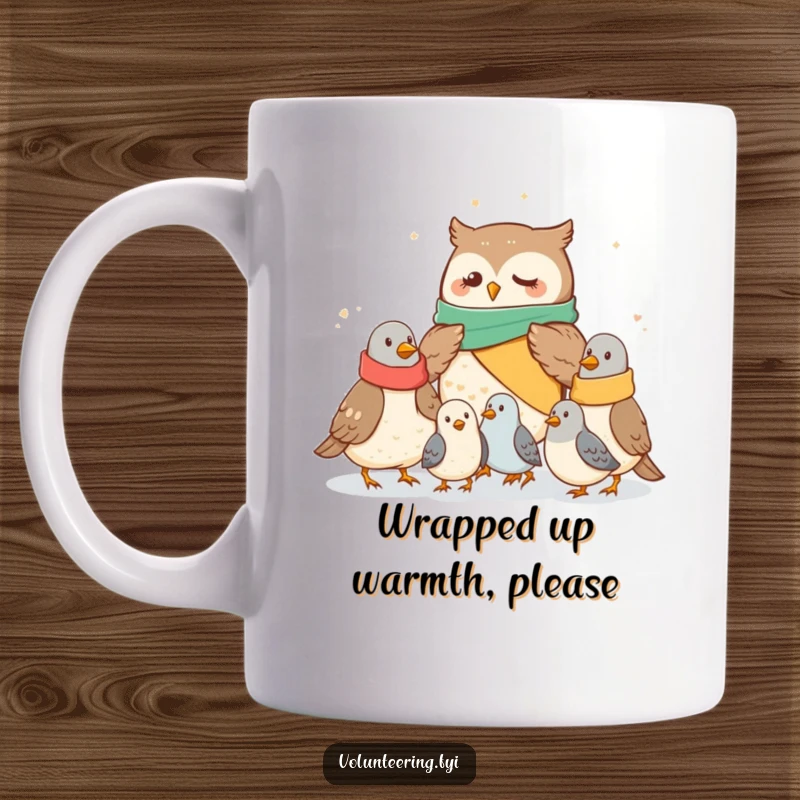 Funny owl mug showing a kind owl distributing warm blankets to cold pigeons, a heartwarming and humorous gift for animal lovers.