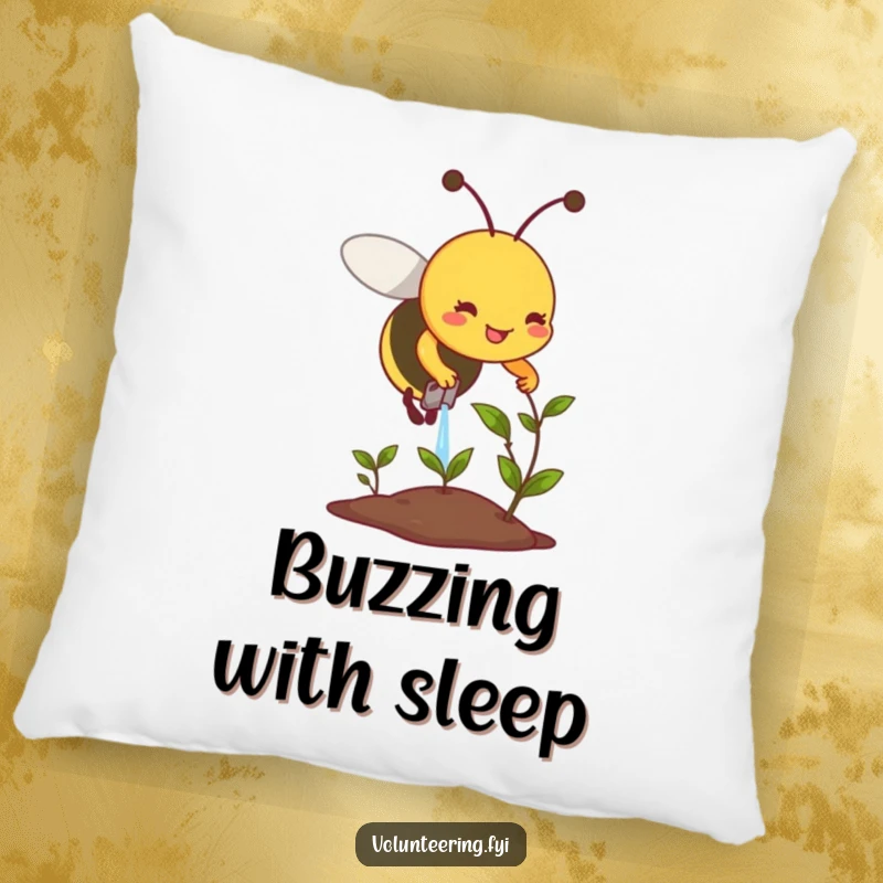Funny pillow design featuring a smiling bee diligently watering a small, wilting plant, bringing garden whimsy indoors.