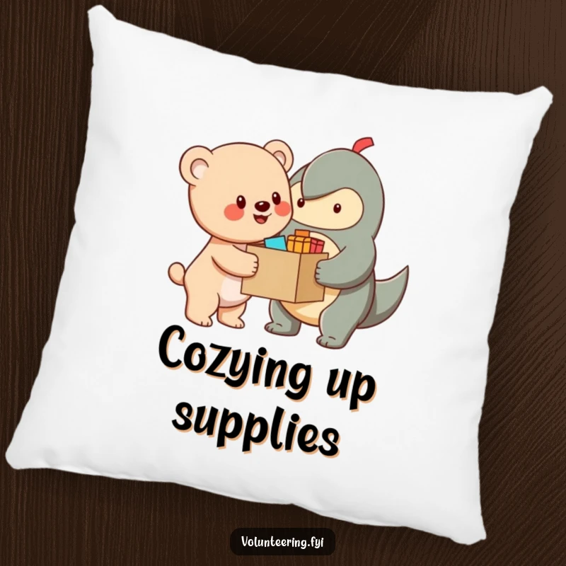 Funny Pillow featuring a cheerful bear cub character handing supplies to another creature, offering comfort and a message of generosity.
