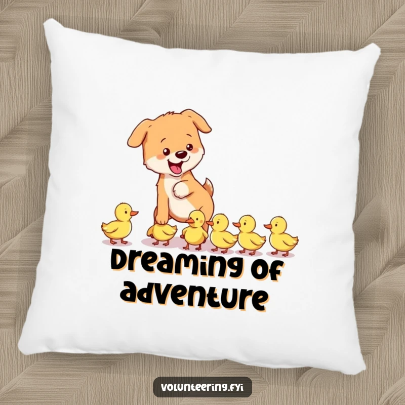 Funny dog pillow displaying a playful dog gently guiding a group of lost ducklings, a soft cushion for ultimate comfort.
