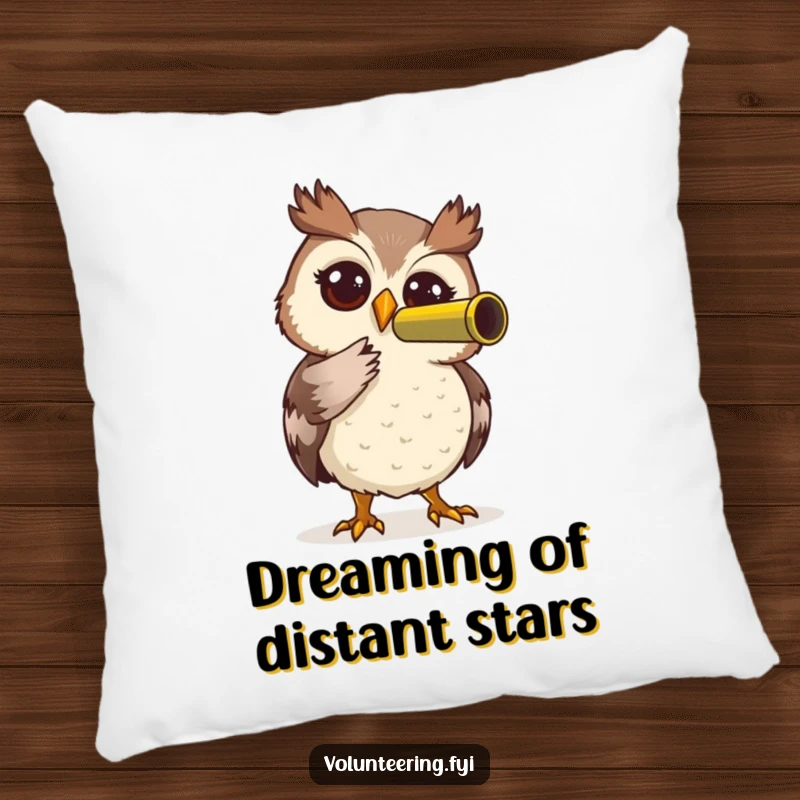 Funny Owl Pillow: Soft pillow with a curious owl using a telescope, symbolizing helpfulness, an ideal funny gift.