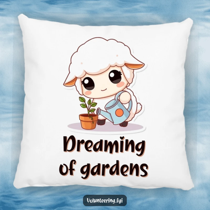 Funny Pillow: Fluffy white sheep with large, kind eyes carefully waters a small potted plant with a tiny watering can, soft and comforting.