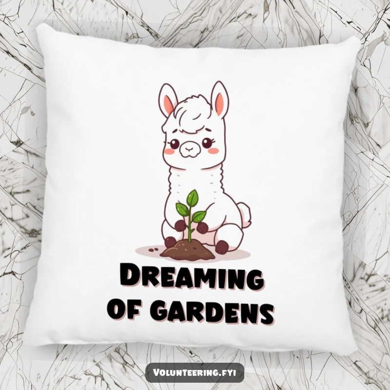 Funny llama pillow, a happy llama planting a sapling, offering comfort and a touch of cheerful eco-inspiration for any cozy space.