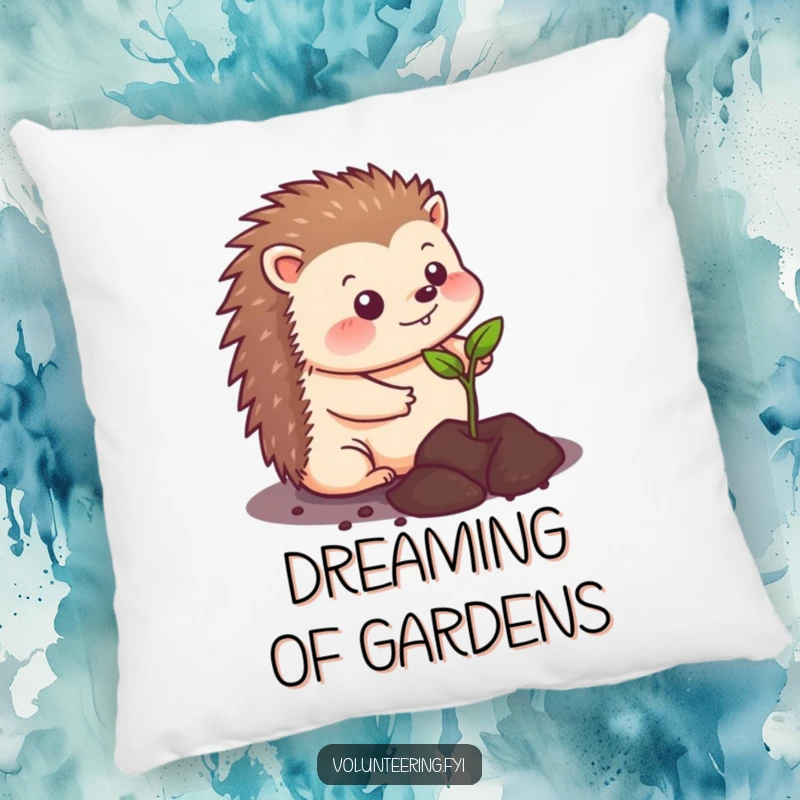 Funny kawaii hedgehog pillow, depicting a cute animal planting a seedling, offering comfort and a splash of garden-themed cheer to any seating area.