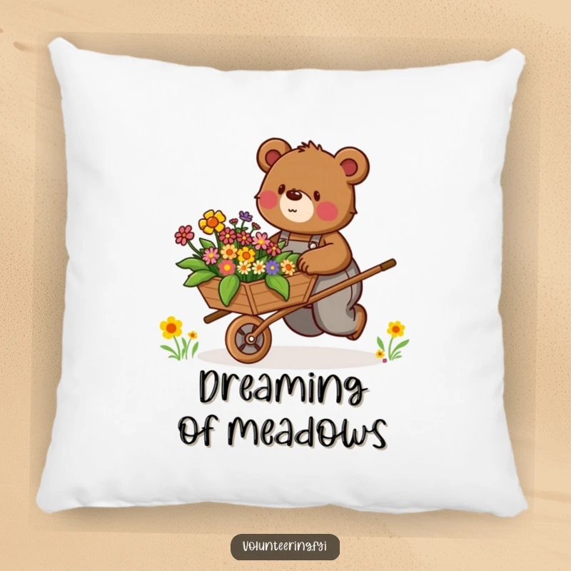 Funny Pillow: Determined brown bear in overalls enthusiastically pushes a wheelbarrow filled with colorful flowers, soft and cheerful.
