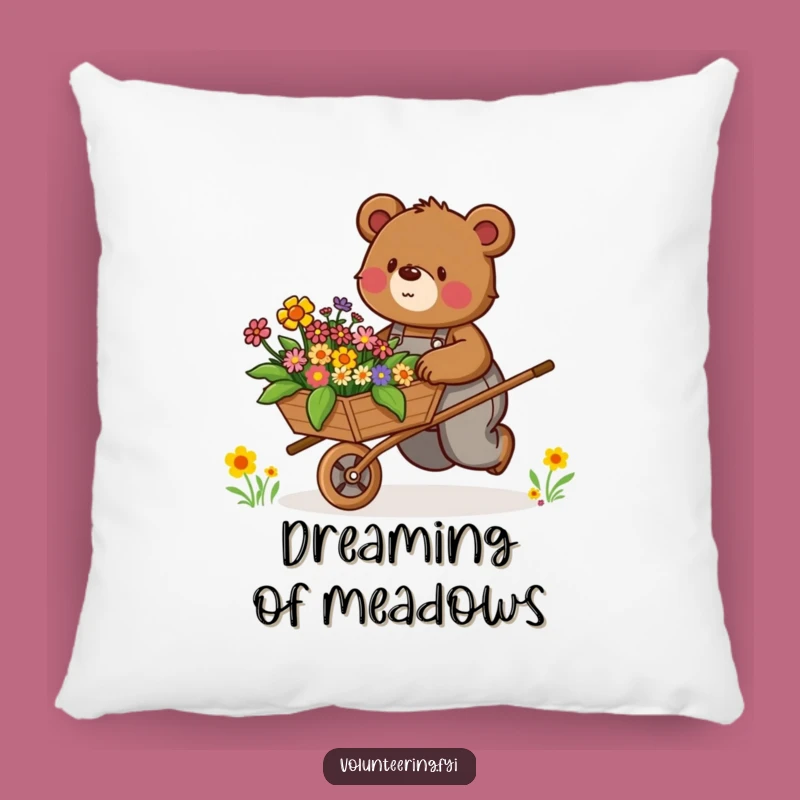 Funny Bear Pillow: Determined Bear Pushing Flowers, Comfy Funny Accent