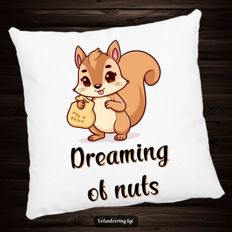 Funny Pillow featuring a determined squirrel character carrying a bag of seeds, offering comfort and a touch of industrious charm.